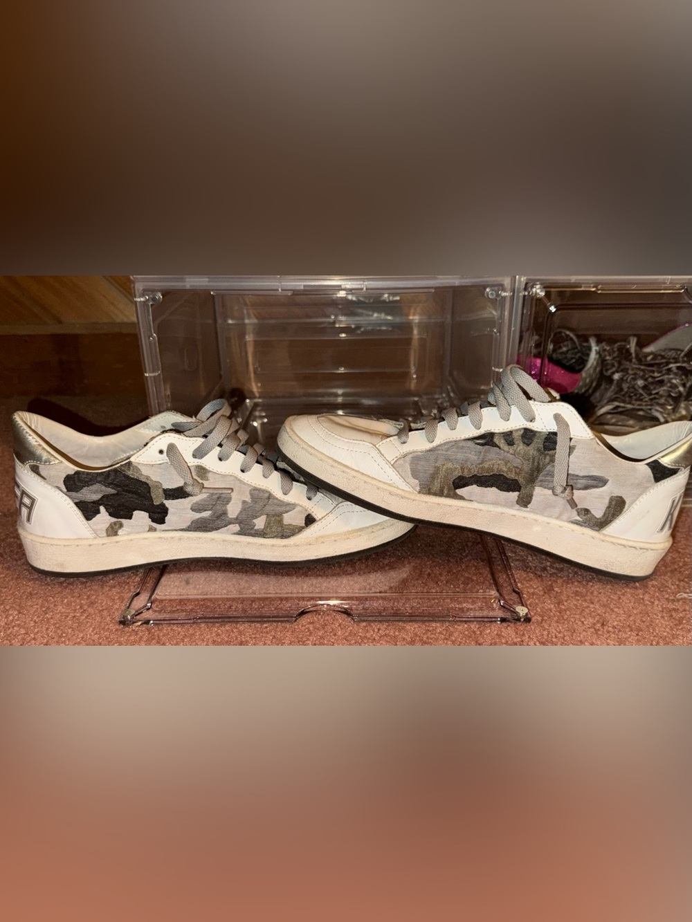 Golden Goose 🌟 BallStar 🌟 White Sneakers with Gray & Black Camo Panels 🌟 Size 39
